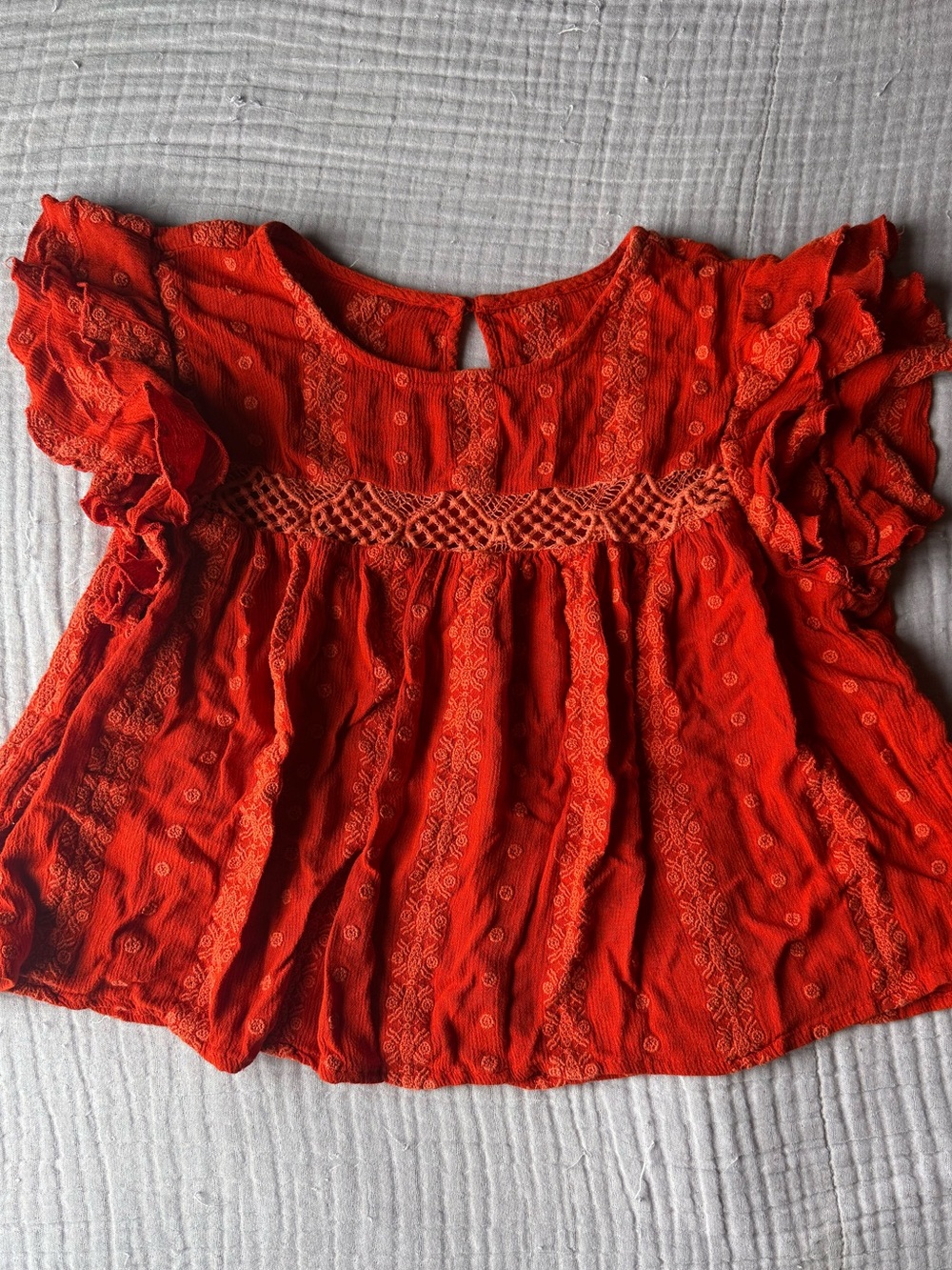 Embroidered Ruffled Short Sleeve Top - Bright tomato Red